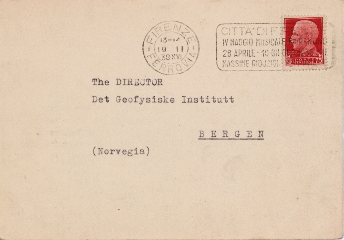 Takkekort-samling vedr. polarskipet MAUD. Takkekort fra R. Osservatorio Astrofisico Arcetri - Firenze  (med frimerke) i forbindelse med at de har mottatt publikasjon vedr. MAUD sin polekspedisjon i 1918-1925.