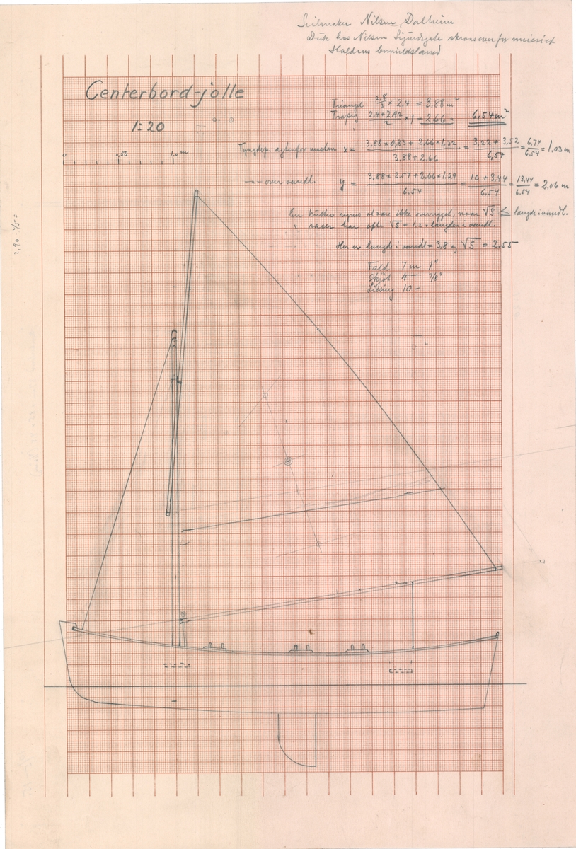 Seiltegning/sideriss  Senterbord-jolle. (Bakside: Arrangementstegning)
