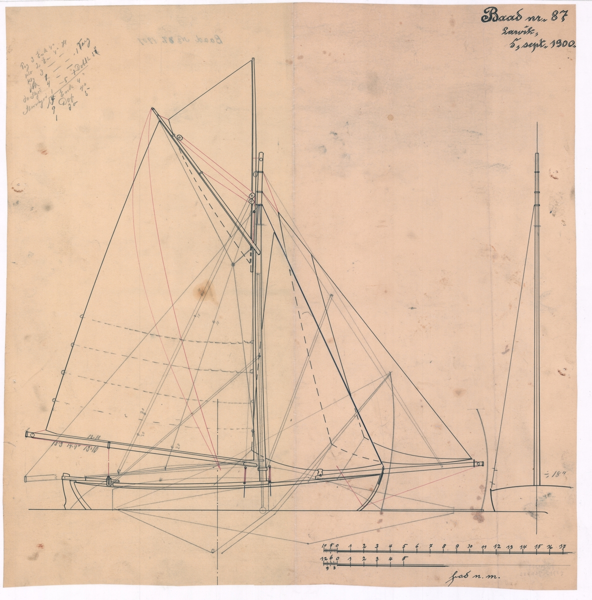 Seiltegning/sideriss med seilføring båt nr. 87.