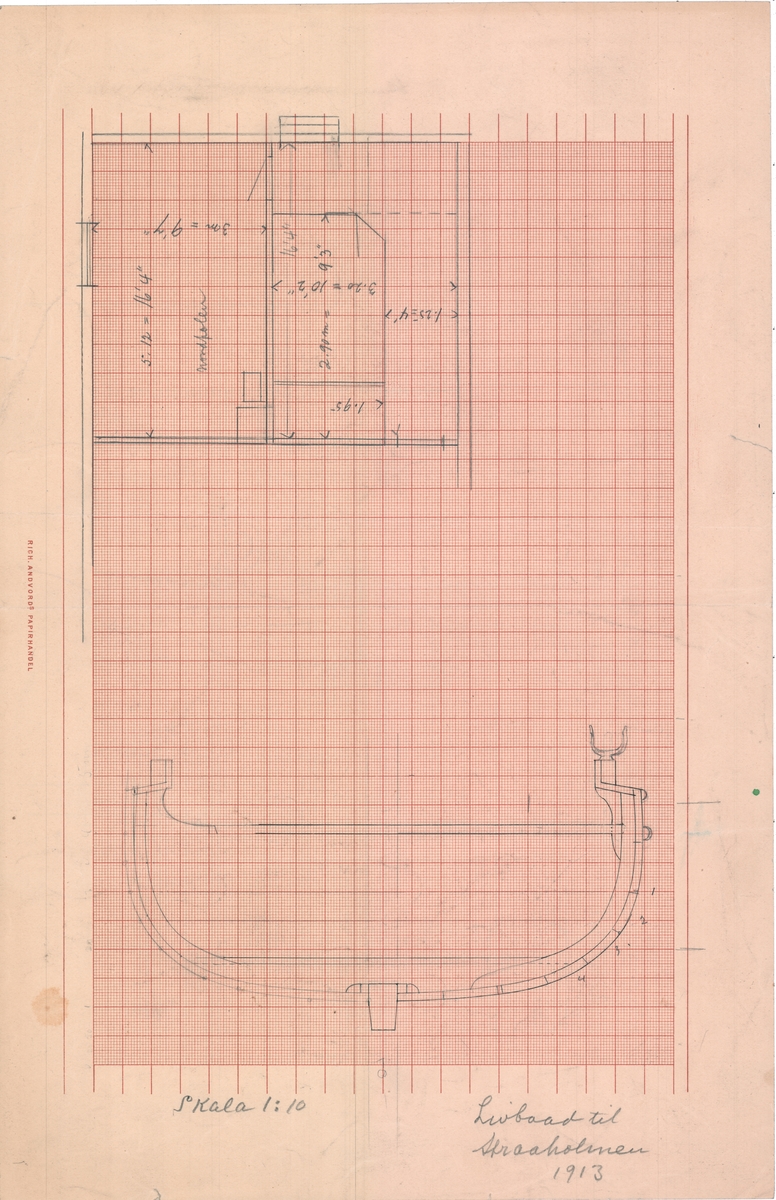 Snitt/Detaljer Livbåt til Stråholmen (Båt nr.  III 174)  (Tegning på begge sider)