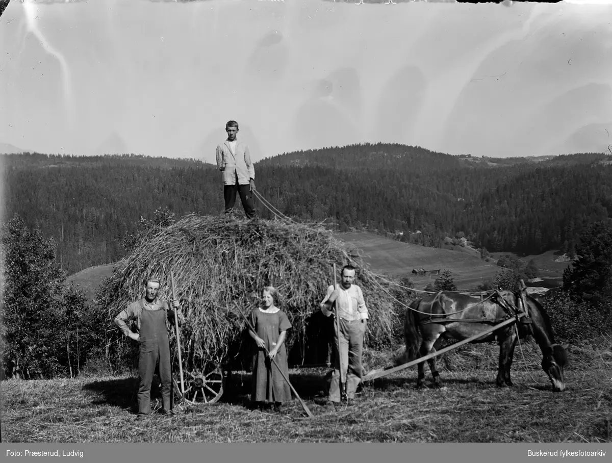 Kjøring av høy på Nymoen ca 1900. Bogholderboligen. Mannen nærmest hesten kan være Ludvig Præsterud og ved bakre ende er Hans Petter Aasterud