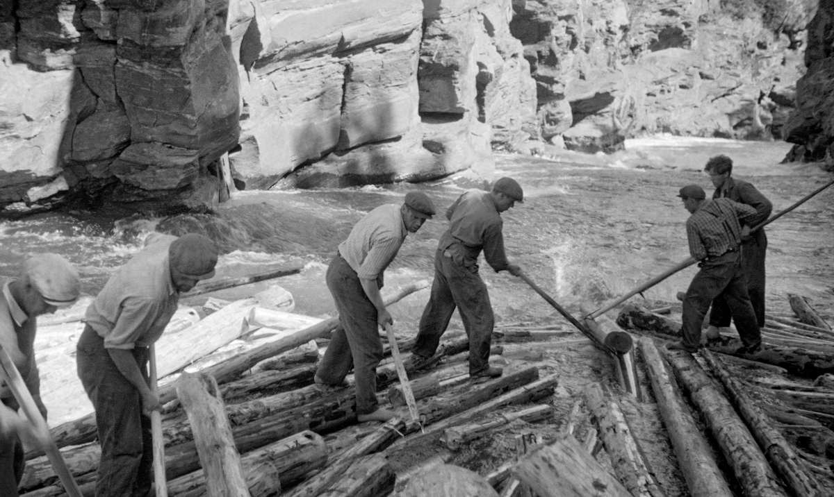 Fløtingstømmer i Harpefossen i Sør-Fron i Gudbrandsdalen. Her renner lågen gjennom et trangt gjel med bratte bergskrenter på hver side og med strid strøm i elvefaret.  Fotografiet viser en tømmervase (haug) som hadde satt seg fast i dette vanskelige partiet.  Fem fløtere arbeider for å få løsnet de sammenfiltrete stokkene, slik at virket kan fløtes videre nedover vassdraget.  En undertekst under påfølgende fotografi fra samme anledning tyder på at dette var et fløterlag under ledelse av Martin Nygård. Fotografiet er tatt fra tømmervasen i elveløpet. 