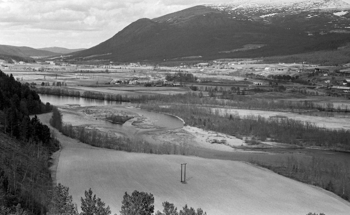 Utsiktsbilde over Alvdal, tatt fra stillaset på Sandeggbakken, som ligger «vestate», mellom Baugsberget og elva Follas utløp i Glomma. Fotografiet er tatt med kameraet vendt nordover, mot elvesletta der sideelva Folla renner mot hovedvassdraget Glomma. I forgrunnen ser vi hvordan Folla deler seg i to løp, ett på nordsida og ett på sørsida av Sauholmen, en flat sandbanke med engarealer. Både der og på omliggende elvesletter sto det løer for vinterlagring av høy. Helt til høyre i bildet skimter vi Steibrua hvor riksvegen, etter å ha passert kommunesenteret i Alvdal, der nordgående trafikk krysser Glomma fra østsida til vestsida. Til høyre i bakgrunnen ser vi den sørvestre delen av Tronfjellet. Dette fotografiet er tatt av en fløtingsfunksjonær, som antakelig var opptatt av at den meandrerende, grunne delen av Folla i forgrunnen, der tømmeret hadde lett for å strande på grunne sandbanker sentralt i elveløpet eller legge seg mot elvebredden i yttersvingene.