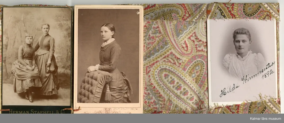 KLM 28637:44:1-20, Fotoalbum, av papp och tyg. Samling av fotografier. Porträtt av medlemmar av familjen Wimmerstedt samt goda vänner till ägaren. Bilderna sitter i ett ”tygalbum”. Albumet har sydda fickor för varje bild och hålls samman av ett rött siden band och en vit knapp. En del av bilderna är fastsydda i fickorna. Tyget har ett blommönster i flera färger men bas i rött. Innehåller fler bilder än antalet fickor så ett antal bilder ligger lösa.

:1Hilda af Wetterstedt, dotter till ECM Wimmerstedt (dotter till SC och LG) och AR af Wetterstedt
:2 Hilda af Wetterstedt, dotter till ECM Wimmerstedt (dotter till SC och LG) och AR af Wetterstedt
:3 Carl Carlander, son till S A Wimmerstedt (dotter till SC och LG) och ? Carlander
:4 Maria Rogberg och hennes kusin Maria Rogberg
:5 Emma Cordula Magdalena af Wetterstedt född Wimmerstedt, dotter till SC och LG Wimmerstedt
:6 Hilda af Wetterstedt, dotter till ECM Wimmerstedt (dotter till SC och LG) och AR af Wetterstedt
:7 Maria Carlander, dotter till S A Wimmerstedt (dotter till SC och LG) och ? Carlander
:8 Hanna och Eva Rogberg
:9 Hilda af Wetterstedt, dotter till ECM Wimmerstedt (dotter till SC och LG) och AR af Wetterstedt
:10 Maria Carlander, dotter till S A Wimmerstedt (dotter till SC och LG) och ? Carlander. Finns ytterligare en kopia som ej förvaras i fotoalbum.
:11 Hilda Wimmerstedt
:12 Ebba Wimmerstedt
:13 Maria Lindahl född Wimmerstedt
:14 Gruppfoto med sex kvinnor vara en ska vara Hilda af Wetterstedt
:15 Biskopinnan Sjöbring
:16 Biskop Sjöbring
:17 Maria Carlander, dotter till S A Wimmerstedt (dotter till SC och LG) och ? Carlander
:18 Hilda af Wetterstedt, dotter till ECM Wimmerstedt (dotter till SC och LG) och AR af Wetterstedt
:19 Bildhuggaren professorn C G Qvarnström, bror till SC Wimmerstedt. Finns ytterligare en kopia som ej förvaras i fotoalbum.
:20 Riksantikvarie Bror Emil Hildebrand. Finns ytterligare en kopia som ej förvaras i fotoalbum.