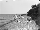 Badande flickor och kvinnor, troligen Vättern. En hund springer vid strandkanten och i bakgrunden ligger en eka uppdragen på den steniga stranden.