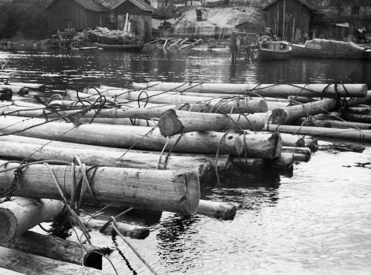 «Hodet» eller fronten på et tømmerslep som var tilvirket ved lenseanlegget på Eidet i Tune i Østfold våren 1953. Vi ser «moser» – bunter av tømmer – og vaiere av forskjellige dimensjoner som ble brukt til å holde mosene og slepet i hop.  Her, i fronten, er en del stokker lagt på tvers, antakelig i stabiliserende øyemed.  Inne ved land lå det et par snekker da fotografiet ble tatt.  Langs strendene var det berg med et par små buer (antakelig med maritime funsksjoner) i strandkanten.  Tømmerslepet er ikke fotografert ved Eidet, men noe lengre nede i vassdraget, sannsynligvis ved Kråkerøy.  Det besto av finértømmer som skulle helt til Kristiansand i Vest-Agder, noe som innebar lang transport i åpen sjø.  Virket måtte følgelig være godt sammebundet.