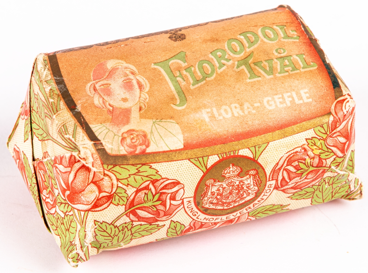 Två tvålförpackningar, säljattrapp Florodoltvål Flora Gävle.