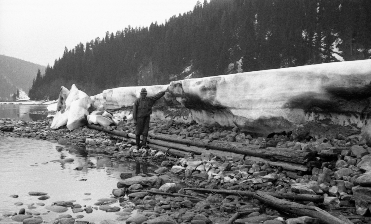 Fra Melvolldammen i Renaelva i Åmot i Hedmark. Dette fotografiet ble tatt på ettervinteren i 1941, etter at man hadde startet demonteringa av en såkalt skådam - en skjerm som skulle lede fløtingsvirke fra elvebredden ut mot en del av elvefaret som var djupere og hadde mer hurtigstrømmende vannføring. Da dette fotografiet ble tatt sto bare de to-tre nederste omfarene igjen. Konstruksjonen hadde opprinnelig vært atskillig høyere, jfr. SJF.1990-00890 - SJF.1990-00891. Bakenfor de gjenliggende stokkene ser vi noe av steinvollen som holdt skådammen- i posisjon. Oppå steinmassene ser vi ei tung iskappe. Slike ismasser, år etter år, må ha vært en påkjenning på skådammen. En av karene som var med og demonterte konstruksjonen, antakelig med sikte på gjenoppbygging, er med på bildet.