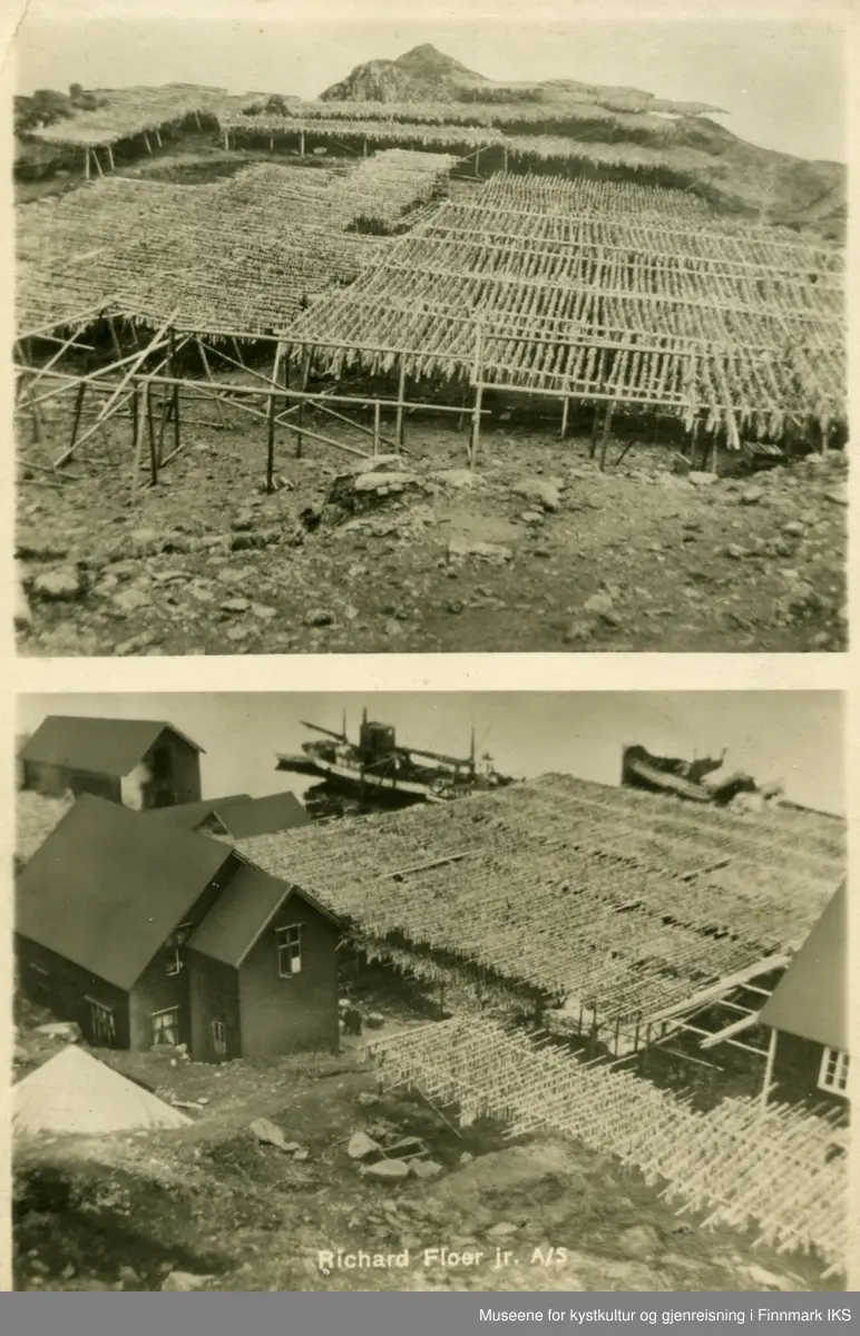 Postkortmotiv. Storbukt. Floerbruket med fiskehjeller, bebyggelse og skip ved kaia. Ca. 1935.
