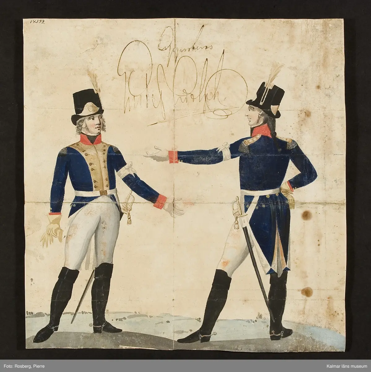 KLM 14399. Uniformsbild. Gouache på papper. Förslag till officersuniform (för Kalmar regemente) 1800-talets början. Påskrift: Approberas Gustaf Adolph (godkänd av Gustaf IV Adolf).