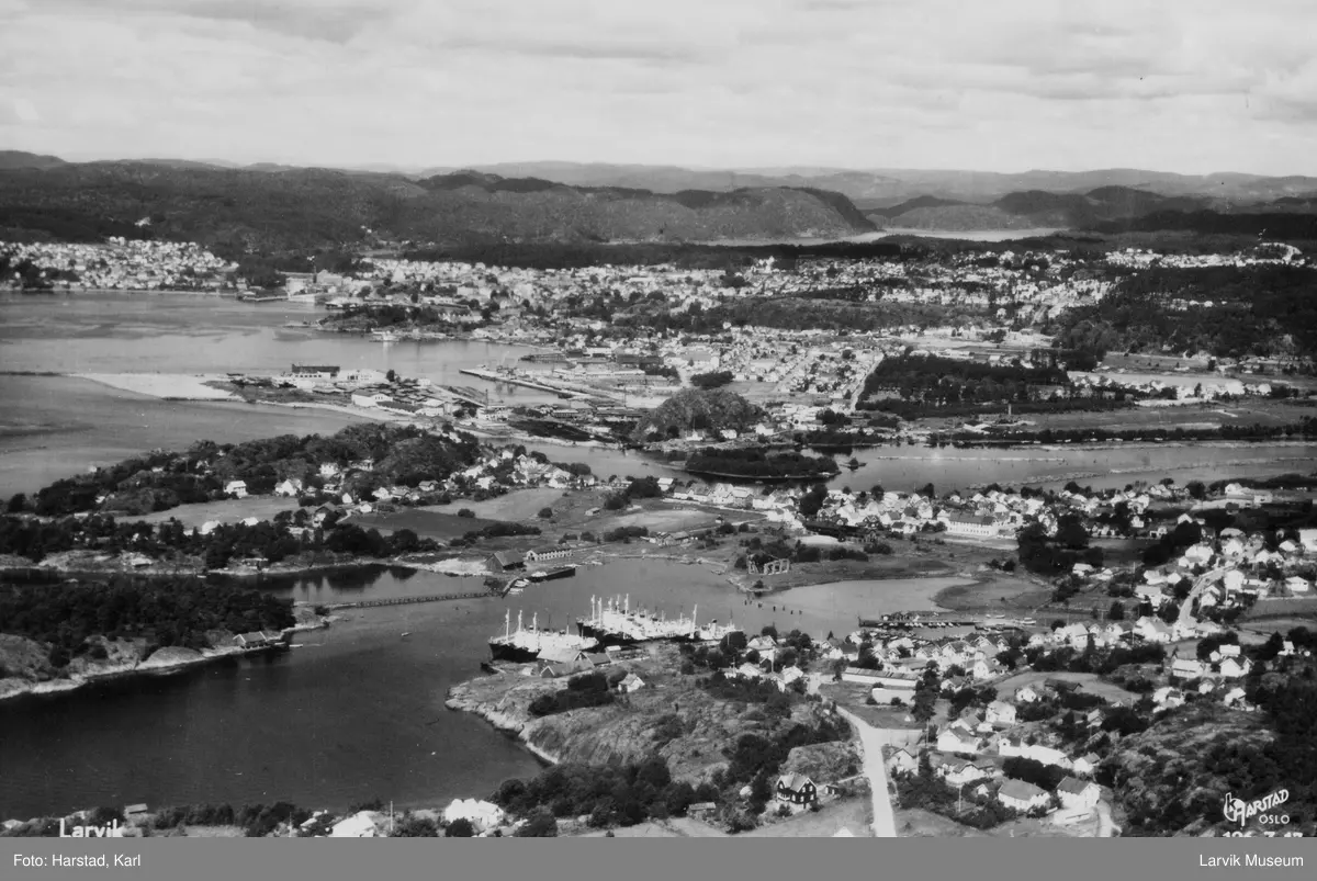  Fra Larvik i 1955, hvalbåter fra Melsom & Melsom ligger ved Rolighets Verft i Hølen. I bakgrunnen ser vi Lågen med tømmerfløting, Østre og Vestre Halsen og Larvik by.