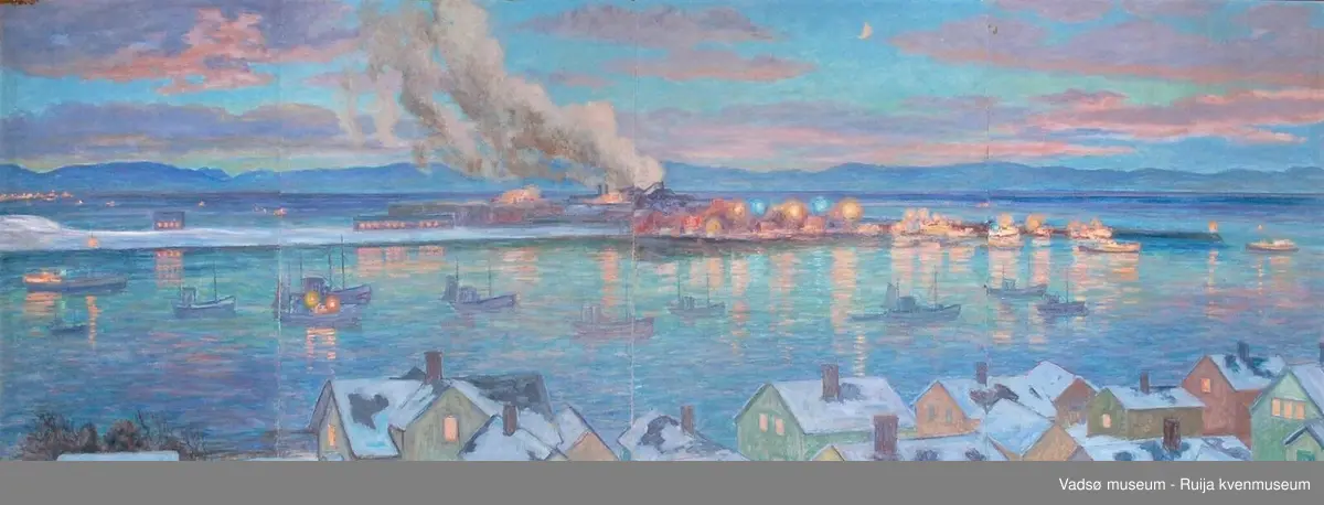Olje på plate. Usignert. Firedelt panorama over Vadsøya m sildoljefabrikken