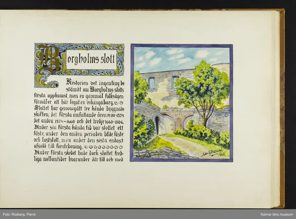 Ett stort antal motiv från Öland, kulturhistoriska platser samt landskapsmotiv.

I boken finns motiv i nämnd ordning: Ölands landskapsvapen; Borgholms slott; Alvaret; Köpings klint; Tingsflisa; barken Dovres förlisning; gravfält vid Klinta, Köping; I Repplinge; Persnäs kyrka; Rynings kors Persnäs, Långlöts kyrka; I Högsrum; Galjbacken Högsrum; Böle backe Glömminge; Kvarn vid Stora Rör; Bramstedtsgården i Strandskogen Glömminge; Öländsk västkust mellan Röhälla och Stora Rör; vägen till Möllstorps läggning; Linsänkan Glömminge; Algutsrums kyrka 1827 och 1919; Portparti vid Gråborg; Sankt Knuts kapell??; I Björnhovda bygata; vid Torslunda kyrka; Eriksöre gärden, Torslunda; Gammal stuga i Runsbäck, Torslunda; vikingagrav med vårdhållare, Skogsby, Torslunda; källare och kvarnar på landborgen ovanför Eriksöre, Torslunda; Öländskt arbetarhem Karlevi, Vickleby; Vickleby kyrka; Fröbygårda strand, Vickleby; Bondgård i Vickleby; Resmo kyrka 1920; Mysinge hög; Resmo kyrka 1826; Borgby borg; I Mörbylångadalen; Alvaret vid Bengtstorp, söder om Bårby; Bondgård vid Lenstad; Smedsgärde Gårdby s; Dröstorps ödeby; Nigelberget en höjd på alvaret s.o. om Lenstad; Tornrör och Tornrörskällan; Dröstorps mosse; Prästgropen Sandby alvar; Gård i Skarpa Alby; Bondgård i N Näsby; Augustimorgon vid Ölands östkust, Sandby socken; Segerstads gamla kyrka; Segerstads nuvarande kyrka; Kustby i Segerstads socken, Nedre Segerstad; På slagfältet vid Seby, Segerstad socken; Gammal bondgård i Övre Segerstad, Segerstad socken; I Segerstad.