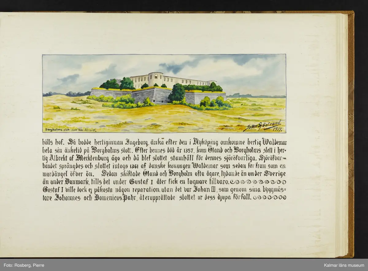 Ett stort antal motiv från Öland, kulturhistoriska platser samt landskapsmotiv.

I boken finns motiv i nämnd ordning: Ölands landskapsvapen; Borgholms slott; Alvaret; Köpings klint; Tingsflisa; barken Dovres förlisning; gravfält vid Klinta, Köping; I Repplinge; Persnäs kyrka; Rynings kors Persnäs, Långlöts kyrka; I Högsrum; Galjbacken Högsrum; Böle backe Glömminge; Kvarn vid Stora Rör; Bramstedtsgården i Strandskogen Glömminge; Öländsk västkust mellan Röhälla och Stora Rör; vägen till Möllstorps läggning; Linsänkan Glömminge; Algutsrums kyrka 1827 och 1919; Portparti vid Gråborg; Sankt Knuts kapell??; I Björnhovda bygata; vid Torslunda kyrka; Eriksöre gärden, Torslunda; Gammal stuga i Runsbäck, Torslunda; vikingagrav med vårdhållare, Skogsby, Torslunda; källare och kvarnar på landborgen ovanför Eriksöre, Torslunda; Öländskt arbetarhem Karlevi, Vickleby; Vickleby kyrka; Fröbygårda strand, Vickleby; Bondgård i Vickleby; Resmo kyrka 1920; Mysinge hög; Resmo kyrka 1826; Borgby borg; I Mörbylångadalen; Alvaret vid Bengtstorp, söder om Bårby; Bondgård vid Lenstad; Smedsgärde Gårdby s; Dröstorps ödeby; Nigelberget en höjd på alvaret s.o. om Lenstad; Tornrör och Tornrörskällan; Dröstorps mosse; Prästgropen Sandby alvar; Gård i Skarpa Alby; Bondgård i N Näsby; Augustimorgon vid Ölands östkust, Sandby socken; Segerstads gamla kyrka; Segerstads nuvarande kyrka; Kustby i Segerstads socken, Nedre Segerstad; På slagfältet vid Seby, Segerstad socken; Gammal bondgård i Övre Segerstad, Segerstad socken; I Segerstad.