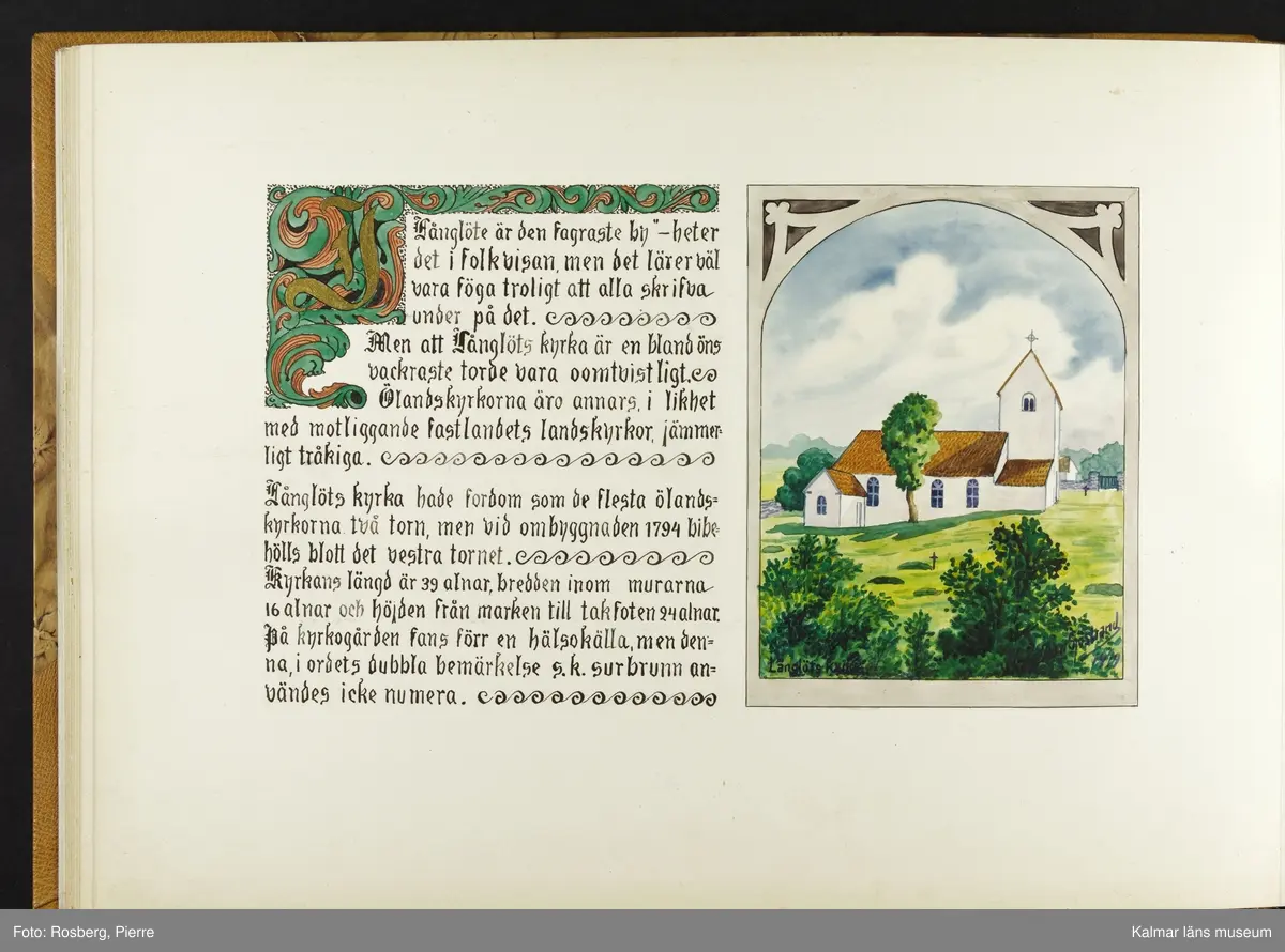 Ett stort antal motiv från Öland, kulturhistoriska platser samt landskapsmotiv.

I boken finns motiv i nämnd ordning: Ölands landskapsvapen; Borgholms slott; Alvaret; Köpings klint; Tingsflisa; barken Dovres förlisning; gravfält vid Klinta, Köping; I Repplinge; Persnäs kyrka; Rynings kors Persnäs, Långlöts kyrka; I Högsrum; Galjbacken Högsrum; Böle backe Glömminge; Kvarn vid Stora Rör; Bramstedtsgården i Strandskogen Glömminge; Öländsk västkust mellan Röhälla och Stora Rör; vägen till Möllstorps läggning; Linsänkan Glömminge; Algutsrums kyrka 1827 och 1919; Portparti vid Gråborg; Sankt Knuts kapell??; I Björnhovda bygata; vid Torslunda kyrka; Eriksöre gärden, Torslunda; Gammal stuga i Runsbäck, Torslunda; vikingagrav med vårdhållare, Skogsby, Torslunda; källare och kvarnar på landborgen ovanför Eriksöre, Torslunda; Öländskt arbetarhem Karlevi, Vickleby; Vickleby kyrka; Fröbygårda strand, Vickleby; Bondgård i Vickleby; Resmo kyrka 1920; Mysinge hög; Resmo kyrka 1826; Borgby borg; I Mörbylångadalen; Alvaret vid Bengtstorp, söder om Bårby; Bondgård vid Lenstad; Smedsgärde Gårdby s; Dröstorps ödeby; Nigelberget en höjd på alvaret s.o. om Lenstad; Tornrör och Tornrörskällan; Dröstorps mosse; Prästgropen Sandby alvar; Gård i Skarpa Alby; Bondgård i N Näsby; Augustimorgon vid Ölands östkust, Sandby socken; Segerstads gamla kyrka; Segerstads nuvarande kyrka; Kustby i Segerstads socken, Nedre Segerstad; På slagfältet vid Seby, Segerstad socken; Gammal bondgård i Övre Segerstad, Segerstad socken; I Segerstad.