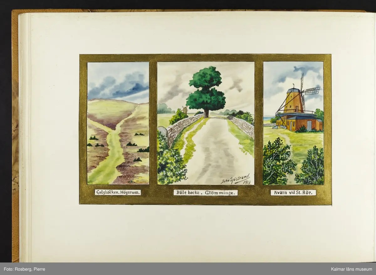 Ett stort antal motiv från Öland, kulturhistoriska platser samt landskapsmotiv.

I boken finns motiv i nämnd ordning: Ölands landskapsvapen; Borgholms slott; Alvaret; Köpings klint; Tingsflisa; barken Dovres förlisning; gravfält vid Klinta, Köping; I Repplinge; Persnäs kyrka; Rynings kors Persnäs, Långlöts kyrka; I Högsrum; Galjbacken Högsrum; Böle backe Glömminge; Kvarn vid Stora Rör; Bramstedtsgården i Strandskogen Glömminge; Öländsk västkust mellan Röhälla och Stora Rör; vägen till Möllstorps läggning; Linsänkan Glömminge; Algutsrums kyrka 1827 och 1919; Portparti vid Gråborg; Sankt Knuts kapell??; I Björnhovda bygata; vid Torslunda kyrka; Eriksöre gärden, Torslunda; Gammal stuga i Runsbäck, Torslunda; vikingagrav med vårdhållare, Skogsby, Torslunda; källare och kvarnar på landborgen ovanför Eriksöre, Torslunda; Öländskt arbetarhem Karlevi, Vickleby; Vickleby kyrka; Fröbygårda strand, Vickleby; Bondgård i Vickleby; Resmo kyrka 1920; Mysinge hög; Resmo kyrka 1826; Borgby borg; I Mörbylångadalen; Alvaret vid Bengtstorp, söder om Bårby; Bondgård vid Lenstad; Smedsgärde Gårdby s; Dröstorps ödeby; Nigelberget en höjd på alvaret s.o. om Lenstad; Tornrör och Tornrörskällan; Dröstorps mosse; Prästgropen Sandby alvar; Gård i Skarpa Alby; Bondgård i N Näsby; Augustimorgon vid Ölands östkust, Sandby socken; Segerstads gamla kyrka; Segerstads nuvarande kyrka; Kustby i Segerstads socken, Nedre Segerstad; På slagfältet vid Seby, Segerstad socken; Gammal bondgård i Övre Segerstad, Segerstad socken; I Segerstad.