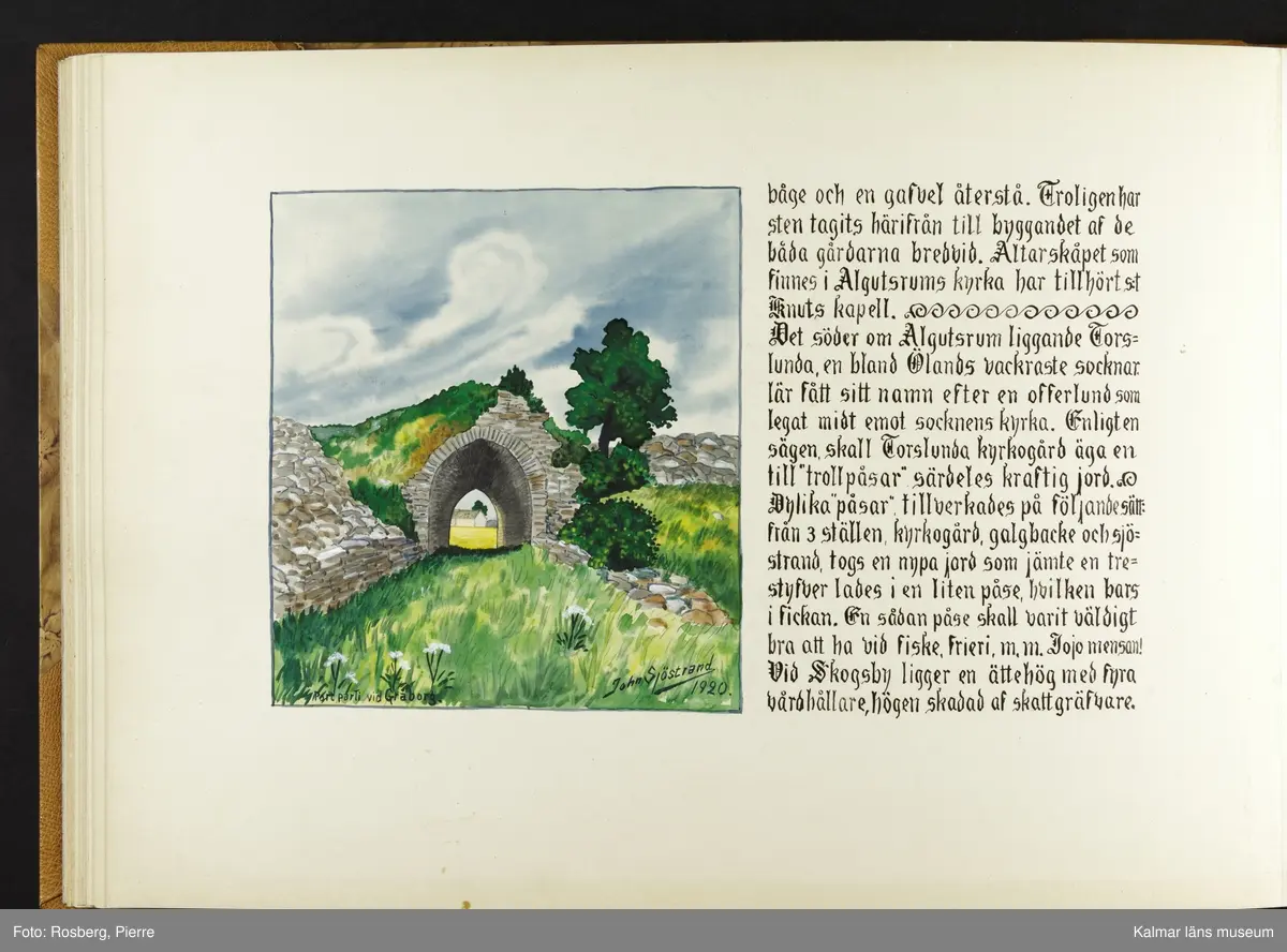 Ett stort antal motiv från Öland, kulturhistoriska platser samt landskapsmotiv.

I boken finns motiv i nämnd ordning: Ölands landskapsvapen; Borgholms slott; Alvaret; Köpings klint; Tingsflisa; barken Dovres förlisning; gravfält vid Klinta, Köping; I Repplinge; Persnäs kyrka; Rynings kors Persnäs, Långlöts kyrka; I Högsrum; Galjbacken Högsrum; Böle backe Glömminge; Kvarn vid Stora Rör; Bramstedtsgården i Strandskogen Glömminge; Öländsk västkust mellan Röhälla och Stora Rör; vägen till Möllstorps läggning; Linsänkan Glömminge; Algutsrums kyrka 1827 och 1919; Portparti vid Gråborg; Sankt Knuts kapell??; I Björnhovda bygata; vid Torslunda kyrka; Eriksöre gärden, Torslunda; Gammal stuga i Runsbäck, Torslunda; vikingagrav med vårdhållare, Skogsby, Torslunda; källare och kvarnar på landborgen ovanför Eriksöre, Torslunda; Öländskt arbetarhem Karlevi, Vickleby; Vickleby kyrka; Fröbygårda strand, Vickleby; Bondgård i Vickleby; Resmo kyrka 1920; Mysinge hög; Resmo kyrka 1826; Borgby borg; I Mörbylångadalen; Alvaret vid Bengtstorp, söder om Bårby; Bondgård vid Lenstad; Smedsgärde Gårdby s; Dröstorps ödeby; Nigelberget en höjd på alvaret s.o. om Lenstad; Tornrör och Tornrörskällan; Dröstorps mosse; Prästgropen Sandby alvar; Gård i Skarpa Alby; Bondgård i N Näsby; Augustimorgon vid Ölands östkust, Sandby socken; Segerstads gamla kyrka; Segerstads nuvarande kyrka; Kustby i Segerstads socken, Nedre Segerstad; På slagfältet vid Seby, Segerstad socken; Gammal bondgård i Övre Segerstad, Segerstad socken; I Segerstad.