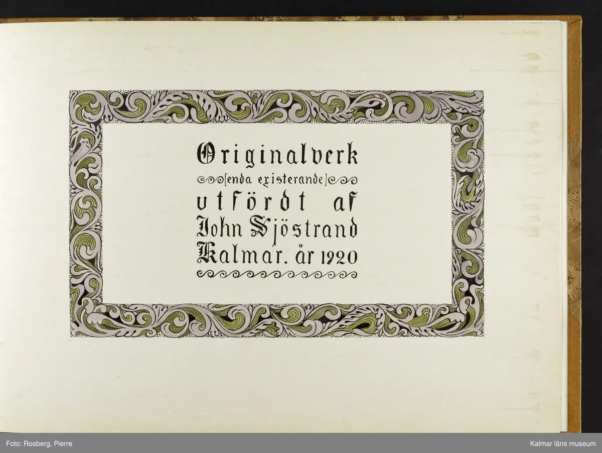 Ett stort antal motiv från Öland, kulturhistoriska platser samt landskapsmotiv.

I boken finns motiv i nämnd ordning: Ölands landskapsvapen; Borgholms slott; Alvaret; Köpings klint; Tingsflisa; barken Dovres förlisning; gravfält vid Klinta, Köping; I Repplinge; Persnäs kyrka; Rynings kors Persnäs, Långlöts kyrka; I Högsrum; Galjbacken Högsrum; Böle backe Glömminge; Kvarn vid Stora Rör; Bramstedtsgården i Strandskogen Glömminge; Öländsk västkust mellan Röhälla och Stora Rör; vägen till Möllstorps läggning; Linsänkan Glömminge; Algutsrums kyrka 1827 och 1919; Portparti vid Gråborg; Sankt Knuts kapell??; I Björnhovda bygata; vid Torslunda kyrka; Eriksöre gärden, Torslunda; Gammal stuga i Runsbäck, Torslunda; vikingagrav med vårdhållare, Skogsby, Torslunda; källare och kvarnar på landborgen ovanför Eriksöre, Torslunda; Öländskt arbetarhem Karlevi, Vickleby; Vickleby kyrka; Fröbygårda strand, Vickleby; Bondgård i Vickleby; Resmo kyrka 1920; Mysinge hög; Resmo kyrka 1826; Borgby borg; I Mörbylångadalen; Alvaret vid Bengtstorp, söder om Bårby; Bondgård vid Lenstad; Smedsgärde Gårdby s; Dröstorps ödeby; Nigelberget en höjd på alvaret s.o. om Lenstad; Tornrör och Tornrörskällan; Dröstorps mosse; Prästgropen Sandby alvar; Gård i Skarpa Alby; Bondgård i N Näsby; Augustimorgon vid Ölands östkust, Sandby socken; Segerstads gamla kyrka; Segerstads nuvarande kyrka; Kustby i Segerstads socken, Nedre Segerstad; På slagfältet vid Seby, Segerstad socken; Gammal bondgård i Övre Segerstad, Segerstad socken; I Segerstad.