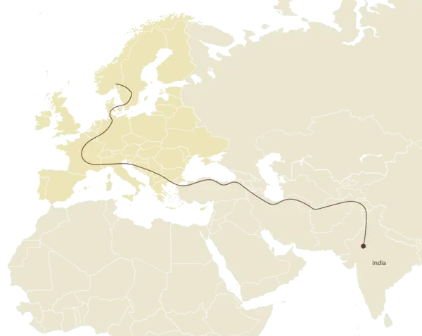 Map of Europe, North Africa and large parts of Asia. A red line has been drawn on the map which shows the language's approximate migration route from Northern India to the Balkans.