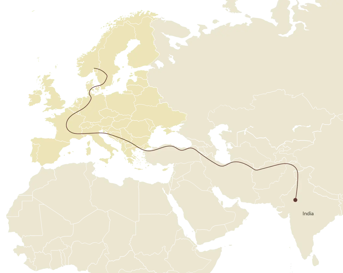 Map of Europe, North Africa and large parts of Asia. A red line has been drawn on the map which shows the language's approximate migration route from Northern India to the Balkans.