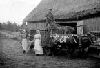 HÖSKÖRDEN BÄRGAS. EN MAN STÅR  PÅ LASSET OCH LASTAR IN HÖ I LADAN. TVÅ OXAR FRAMFÖR VAGNEN MED VADSBOKORGEN.                              TVÅ KVINNOR OCH EN HUND STÅR BREDVID.