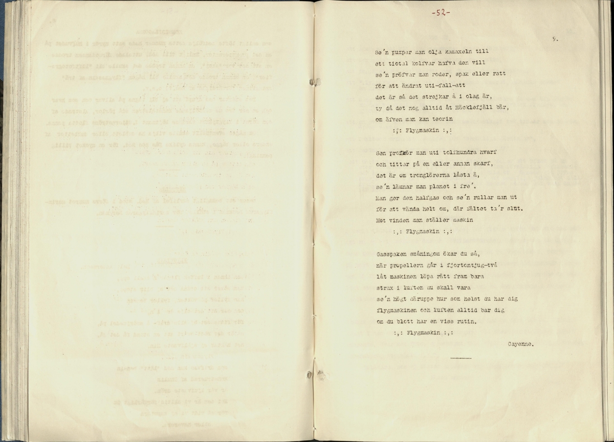 Inbunden samlingsvolym för tidskriften Flygfisken: organ för Sveriges militärflygare, 1917-1919.

Innehåll: artiklar med minnen, händelser och episoder inom den svenska militära pionjärflygningen samt fakta och råd till militära flygare. Illustrationer i form av ritningar och foton.

Sidor framställda genom stencilering med inklistrade fotografier.


Ingående nummer:

1 - augusti 1917 (sida 1-11)
2 - september 1917 (sida 12-21)
3 - oktober 1917 (sida 22-31)
4 - november 1917 (sida 32-42)
5 - december 1917 (sida 43-53)
6 - januari 1918 (sida 54-64)
7 - februari 1918 (sida 65-77)
8 - mars 1918 (sida 78-88)
9 - april 1918 (sida 89-101)
10 - maj 1918 (sida 102-111)
11 - juni 1918 (sida 112-126)
12 - juli 1918 (sida 127-137)
13 - augusti 1918 (sida 138-148)
14 - september 1918 (sida 149-157)
15 - oktober 1918 (sida 158-168)
16 - november 1918 (sida 169-180)
17 - december 1918 (sida 181-190)
18 - januari 1919 (sida 191-202)
19 - februari 1919 (sida 203-214)
20 - mars 1919 (sida 215-226)
21 - april 1919 (sida 227-240)
22 - maj 1919 (sida 241-251)
23 - juni 1919 (sida 252-263)
24 - juli 1919 (sida 264-274)
25 - september 1919 (sida 275-286)
26 - oktober 1919 (sida 287-298)
27 - december 1919 (sida 299-309)