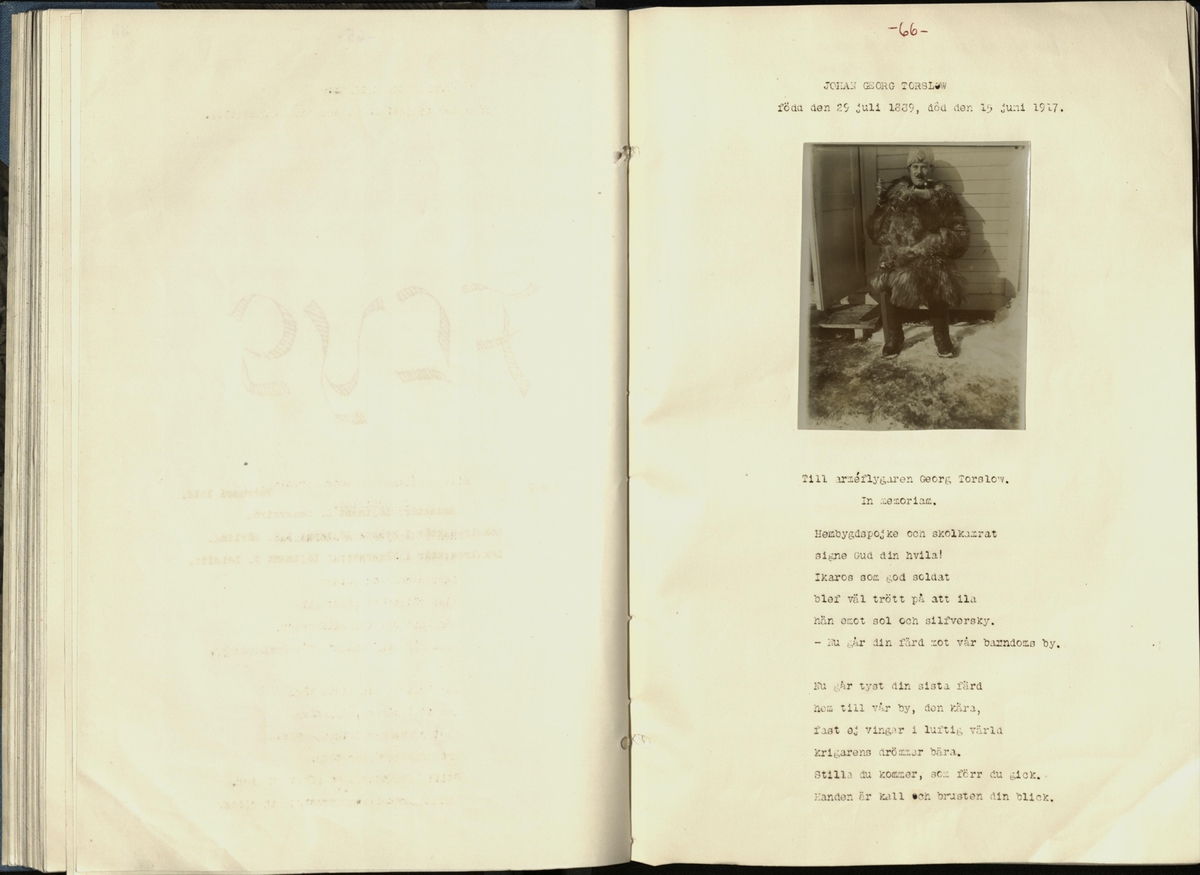Inbunden samlingsvolym för tidskriften Flygfisken: organ för Sveriges militärflygare, 1917-1919.

Innehåll: artiklar med minnen, händelser och episoder inom den svenska militära pionjärflygningen samt fakta och råd till militära flygare. Illustrationer i form av ritningar och foton.

Sidor framställda genom stencilering med inklistrade fotografier.


Ingående nummer:

1 - augusti 1917 (sida 1-11)
2 - september 1917 (sida 12-21)
3 - oktober 1917 (sida 22-31)
4 - november 1917 (sida 32-42)
5 - december 1917 (sida 43-53)
6 - januari 1918 (sida 54-64)
7 - februari 1918 (sida 65-77)
8 - mars 1918 (sida 78-88)
9 - april 1918 (sida 89-101)
10 - maj 1918 (sida 102-111)
11 - juni 1918 (sida 112-126)
12 - juli 1918 (sida 127-137)
13 - augusti 1918 (sida 138-148)
14 - september 1918 (sida 149-157)
15 - oktober 1918 (sida 158-168)
16 - november 1918 (sida 169-180)
17 - december 1918 (sida 181-190)
18 - januari 1919 (sida 191-202)
19 - februari 1919 (sida 203-214)
20 - mars 1919 (sida 215-226)
21 - april 1919 (sida 227-240)
22 - maj 1919 (sida 241-251)
23 - juni 1919 (sida 252-263)
24 - juli 1919 (sida 264-274)
25 - september 1919 (sida 275-286)
26 - oktober 1919 (sida 287-298)
27 - december 1919 (sida 299-309)