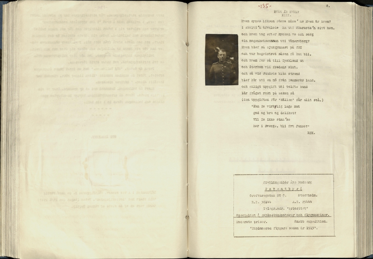 Inbunden samlingsvolym för tidskriften Flygfisken: organ för Sveriges militärflygare, 1917-1919.

Innehåll: artiklar med minnen, händelser och episoder inom den svenska militära pionjärflygningen samt fakta och råd till militära flygare. Illustrationer i form av ritningar och foton.

Sidor framställda genom stencilering med inklistrade fotografier.


Ingående nummer:

1 - augusti 1917 (sida 1-11)
2 - september 1917 (sida 12-21)
3 - oktober 1917 (sida 22-31)
4 - november 1917 (sida 32-42)
5 - december 1917 (sida 43-53)
6 - januari 1918 (sida 54-64)
7 - februari 1918 (sida 65-77)
8 - mars 1918 (sida 78-88)
9 - april 1918 (sida 89-101)
10 - maj 1918 (sida 102-111)
11 - juni 1918 (sida 112-126)
12 - juli 1918 (sida 127-137)
13 - augusti 1918 (sida 138-148)
14 - september 1918 (sida 149-157)
15 - oktober 1918 (sida 158-168)
16 - november 1918 (sida 169-180)
17 - december 1918 (sida 181-190)
18 - januari 1919 (sida 191-202)
19 - februari 1919 (sida 203-214)
20 - mars 1919 (sida 215-226)
21 - april 1919 (sida 227-240)
22 - maj 1919 (sida 241-251)
23 - juni 1919 (sida 252-263)
24 - juli 1919 (sida 264-274)
25 - september 1919 (sida 275-286)
26 - oktober 1919 (sida 287-298)
27 - december 1919 (sida 299-309)