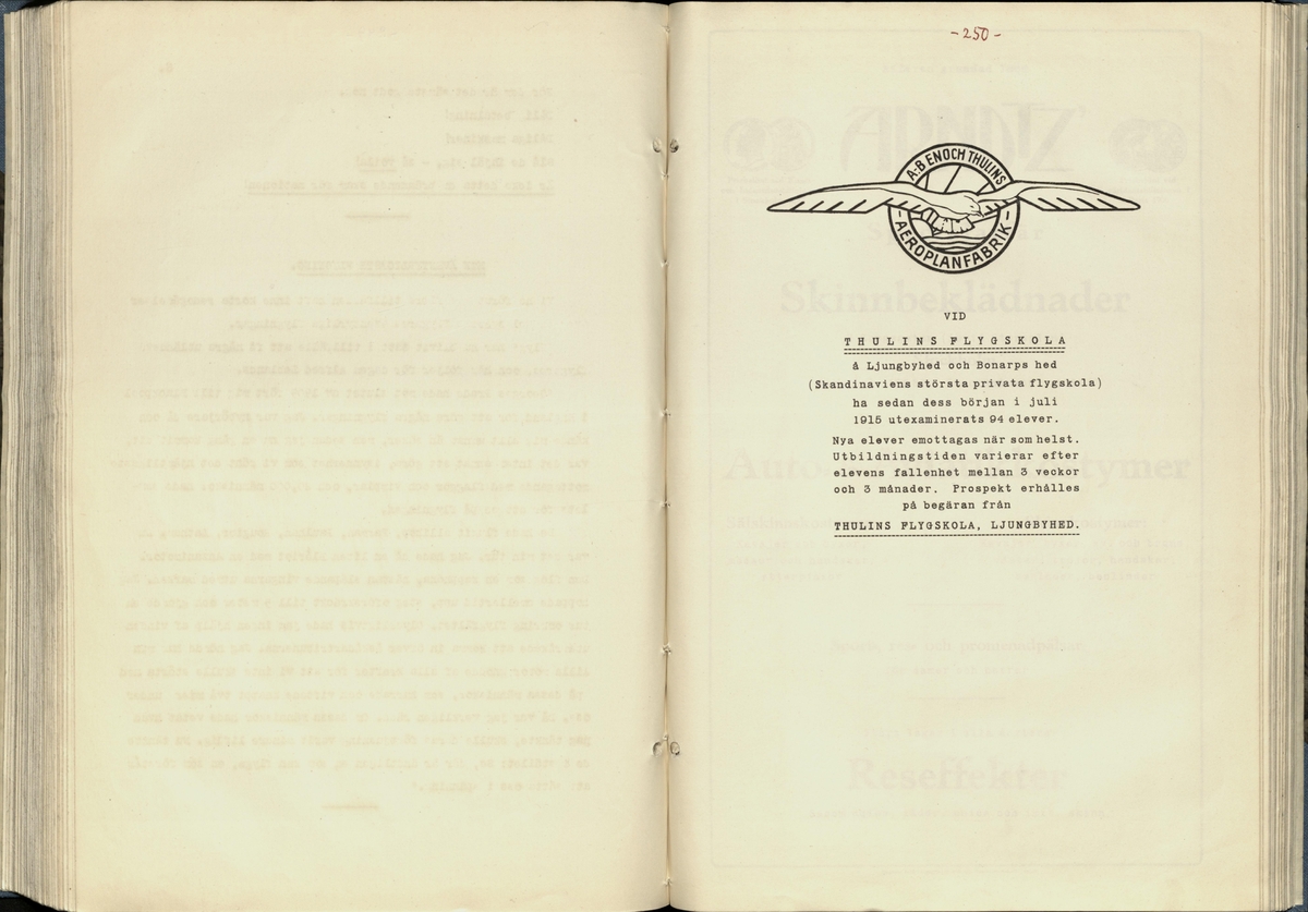 Inbunden samlingsvolym för tidskriften Flygfisken: organ för Sveriges militärflygare, 1917-1919.

Innehåll: artiklar med minnen, händelser och episoder inom den svenska militära pionjärflygningen samt fakta och råd till militära flygare. Illustrationer i form av ritningar och foton.

Sidor framställda genom stencilering med inklistrade fotografier.


Ingående nummer:

1 - augusti 1917 (sida 1-11)
2 - september 1917 (sida 12-21)
3 - oktober 1917 (sida 22-31)
4 - november 1917 (sida 32-42)
5 - december 1917 (sida 43-53)
6 - januari 1918 (sida 54-64)
7 - februari 1918 (sida 65-77)
8 - mars 1918 (sida 78-88)
9 - april 1918 (sida 89-101)
10 - maj 1918 (sida 102-111)
11 - juni 1918 (sida 112-126)
12 - juli 1918 (sida 127-137)
13 - augusti 1918 (sida 138-148)
14 - september 1918 (sida 149-157)
15 - oktober 1918 (sida 158-168)
16 - november 1918 (sida 169-180)
17 - december 1918 (sida 181-190)
18 - januari 1919 (sida 191-202)
19 - februari 1919 (sida 203-214)
20 - mars 1919 (sida 215-226)
21 - april 1919 (sida 227-240)
22 - maj 1919 (sida 241-251)
23 - juni 1919 (sida 252-263)
24 - juli 1919 (sida 264-274)
25 - september 1919 (sida 275-286)
26 - oktober 1919 (sida 287-298)
27 - december 1919 (sida 299-309)