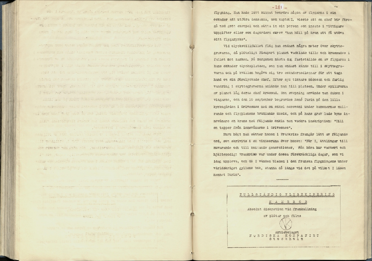 Inbunden samlingsvolym för tidskriften Flygfisken: organ för Sveriges militärflygare, 1917-1919.

Innehåll: artiklar med minnen, händelser och episoder inom den svenska militära pionjärflygningen samt fakta och råd till militära flygare. Illustrationer i form av ritningar och foton.

Sidor framställda genom stencilering med inklistrade fotografier.


Ingående nummer:

1 - augusti 1917 (sida 1-11)
2 - september 1917 (sida 12-21)
3 - oktober 1917 (sida 22-31)
4 - november 1917 (sida 32-42)
5 - december 1917 (sida 43-53)
6 - januari 1918 (sida 54-64)
7 - februari 1918 (sida 65-77)
8 - mars 1918 (sida 78-88)
9 - april 1918 (sida 89-101)
10 - maj 1918 (sida 102-111)
11 - juni 1918 (sida 112-126)
12 - juli 1918 (sida 127-137)
13 - augusti 1918 (sida 138-148)
14 - september 1918 (sida 149-157)
15 - oktober 1918 (sida 158-168)
16 - november 1918 (sida 169-180)
17 - december 1918 (sida 181-190)
18 - januari 1919 (sida 191-202)
19 - februari 1919 (sida 203-214)
20 - mars 1919 (sida 215-226)
21 - april 1919 (sida 227-240)
22 - maj 1919 (sida 241-251)
23 - juni 1919 (sida 252-263)
24 - juli 1919 (sida 264-274)
25 - september 1919 (sida 275-286)
26 - oktober 1919 (sida 287-298)
27 - december 1919 (sida 299-309)