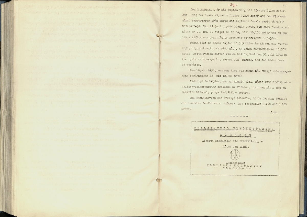 Inbunden samlingsvolym för tidskriften Flygfisken: organ för Sveriges militärflygare, 1917-1919.

Innehåll: artiklar med minnen, händelser och episoder inom den svenska militära pionjärflygningen samt fakta och råd till militära flygare. Illustrationer i form av ritningar och foton.

Sidor framställda genom stencilering med inklistrade fotografier.


Ingående nummer:

1 - augusti 1917 (sida 1-11)
2 - september 1917 (sida 12-21)
3 - oktober 1917 (sida 22-31)
4 - november 1917 (sida 32-42)
5 - december 1917 (sida 43-53)
6 - januari 1918 (sida 54-64)
7 - februari 1918 (sida 65-77)
8 - mars 1918 (sida 78-88)
9 - april 1918 (sida 89-101)
10 - maj 1918 (sida 102-111)
11 - juni 1918 (sida 112-126)
12 - juli 1918 (sida 127-137)
13 - augusti 1918 (sida 138-148)
14 - september 1918 (sida 149-157)
15 - oktober 1918 (sida 158-168)
16 - november 1918 (sida 169-180)
17 - december 1918 (sida 181-190)
18 - januari 1919 (sida 191-202)
19 - februari 1919 (sida 203-214)
20 - mars 1919 (sida 215-226)
21 - april 1919 (sida 227-240)
22 - maj 1919 (sida 241-251)
23 - juni 1919 (sida 252-263)
24 - juli 1919 (sida 264-274)
25 - september 1919 (sida 275-286)
26 - oktober 1919 (sida 287-298)
27 - december 1919 (sida 299-309)