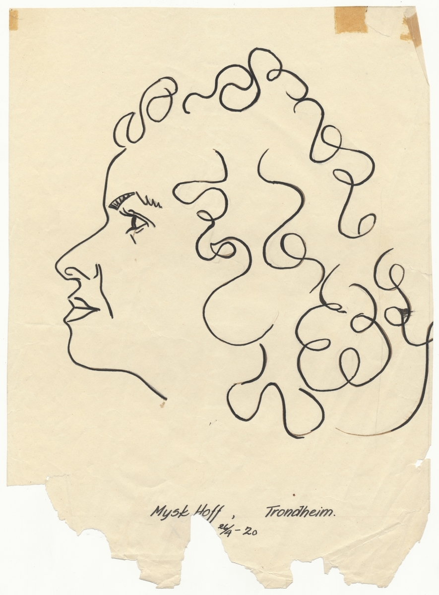 Portrettegning (karikatur) av falstadfange Ingeborg "Mysk" Angell Hoff (f. 1920), Trondheim.