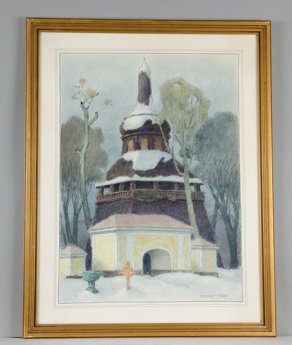 Akvarellen föreställer klockstapeln vid Tierps kyrka, Uppland.