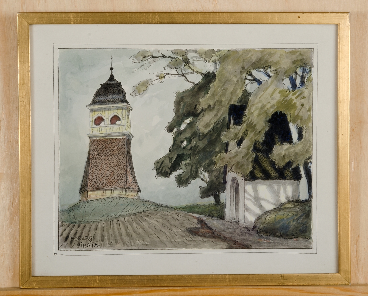 Akvarellen föreställer klockstapel och stiglucka vid Viksta kyrka, Viksta socken, Uppland