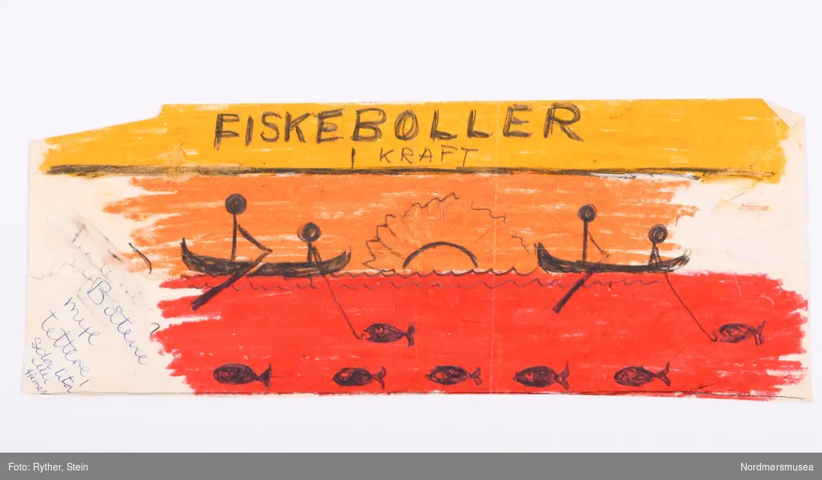 Ideforslag til utforming av en ny etikett for produktet "Fiskeboller i kraft" hos Alnæs Canning. Originaltegningene fra grafiker følger også med.