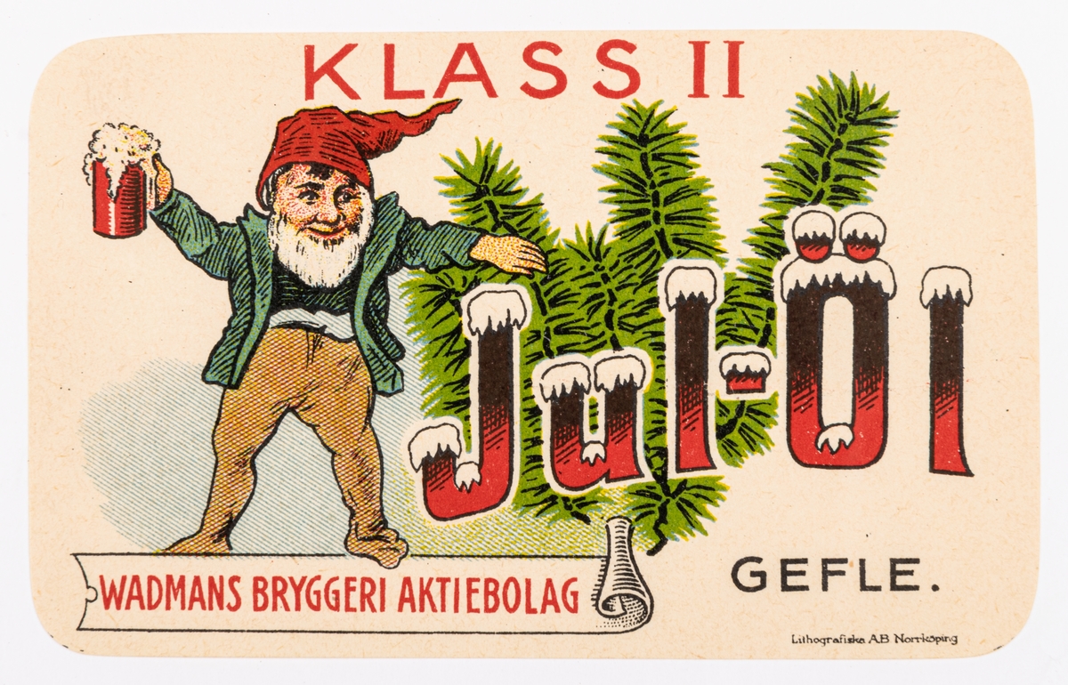 Etiketter. Rektangulära. grönt, rött, guld. "Jul-Öl WADMANS BRYGGERI AKTIEBOLAG GEFLE".