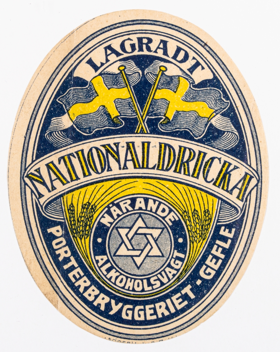Öletikett. Lagrad Nationaldricka, Närande, Alkoholsvagt. Porterbryggeriet Gefle. 
Korslagda svenska fanor, 6 st kornax och en davidsstjärna.
Del av samling bryggerietiketter av papper, från olika bryggerier i Gävle.