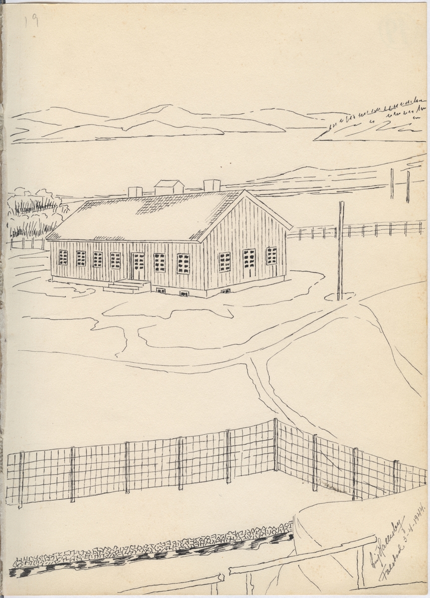Tegning fra Falstad fangeleir, "Kommandantbygget, mars 1944". Leirens kommandantbolig ble oppført i 1943-44 og stod ferdig til innflytting tidlig i 1944. Tegninga er datert 03.04.1944.