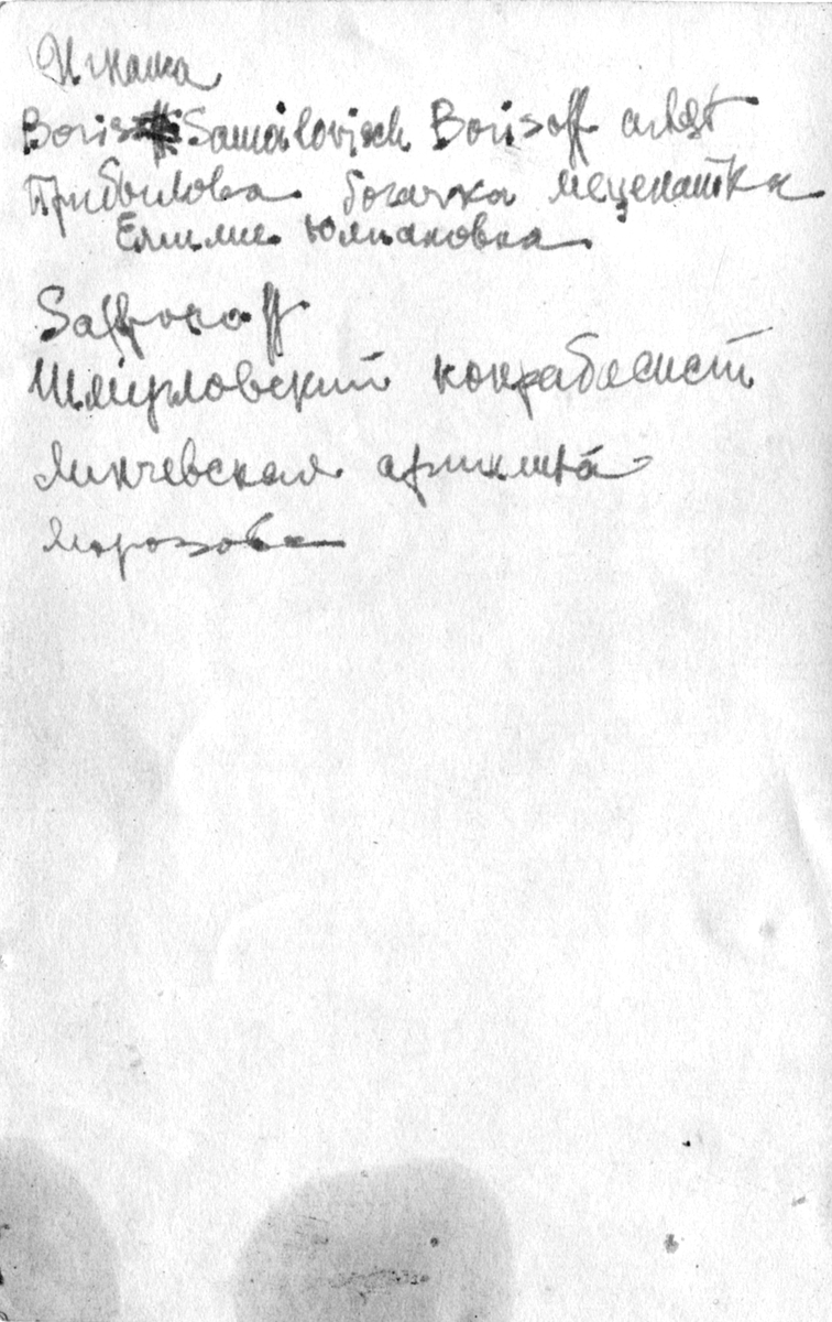 Elisabeth Michailovna Rostin, cellist, midt i første rekke. Rett over henne er Vasily Safonov (1852 – 1918), russisk pianist, dirigent og komponist, og leder av Moskva musikkonservatorium. Øvrige er nok div. kunstnere, bl.a. Boris Samoylovitsj Borisov (1895—1939), skuespiller og sanger - nr. 1 fra venstre, midterste rekke.