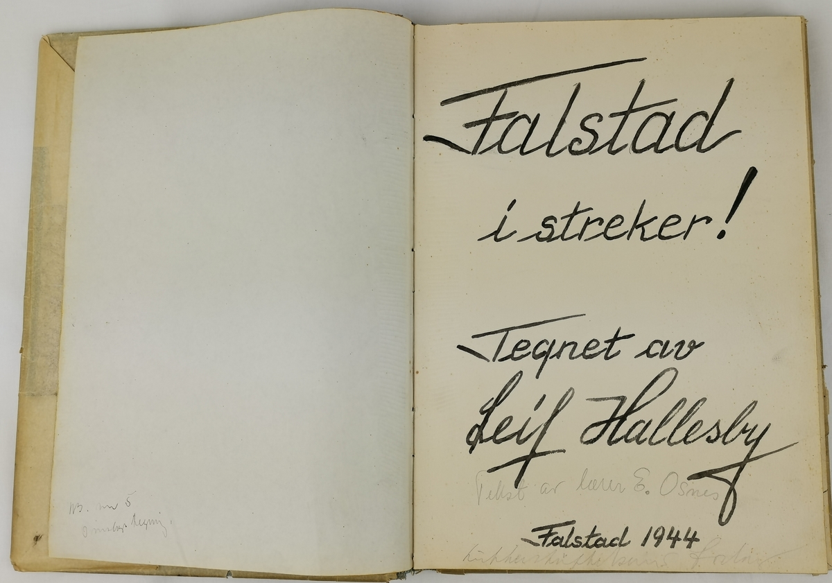 Innbundet tegnebok med et slitt gråpapir-omslag. Leif Hallesbys tittel står både på omslaget og på tittelbladet. I selve boka er annenhver side (venstre) nummerert (men blank). Høyresidene i oppslagene har originale tegninger fra Hallesbys fangenskap på Falstad. Boka består av totalt 37 tegninger, datert 25. mars–2. mai 1944. De seks første og den siste av tegningene er skyggelagt/fargelagt, de øvrige er bare strektegninger. Det kan tyde på at arbeidet ikke ble ferdig før Hallesby ble sendt videre fra Falstad 7. mai 1945.