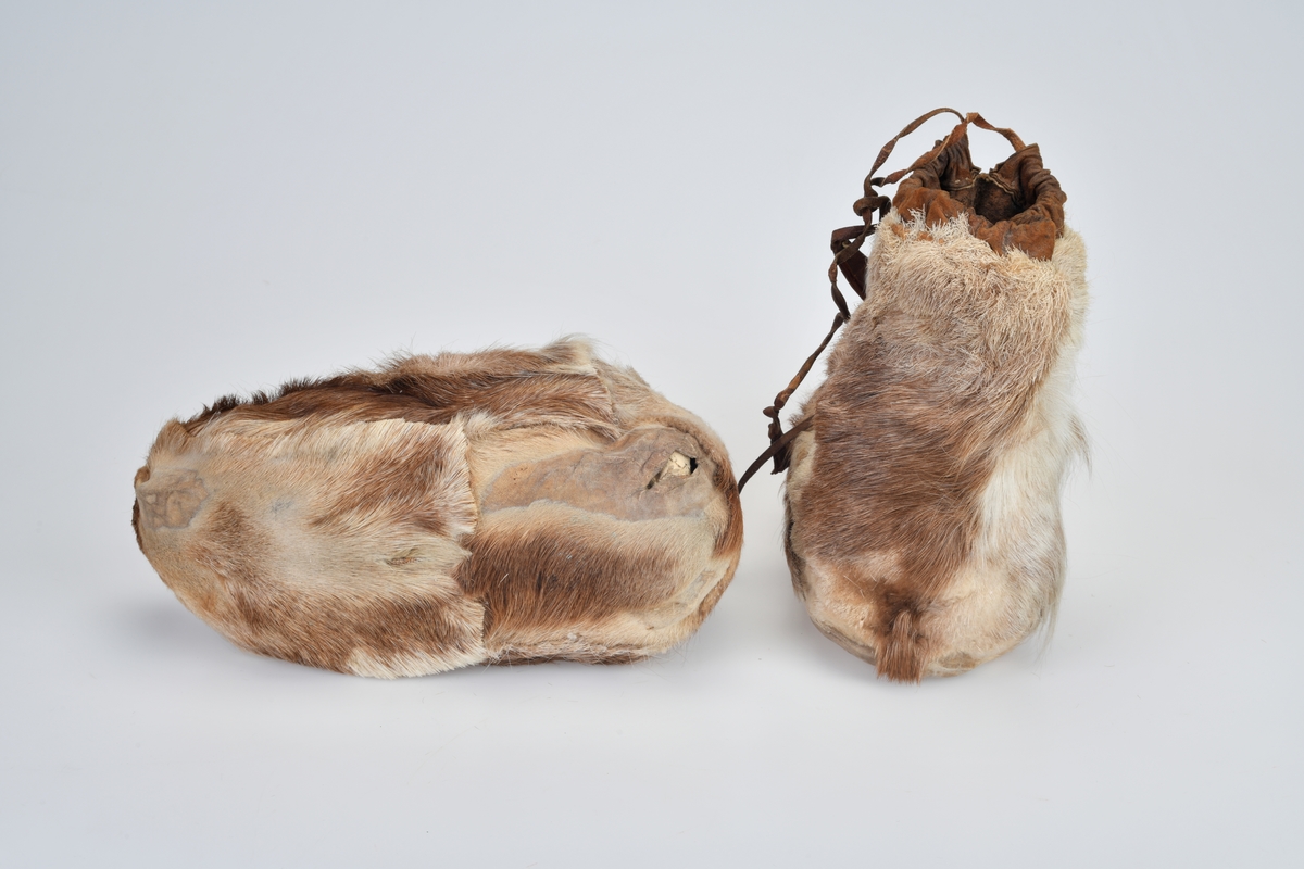 Et par finnsko med høyt skaft. De er håndsydd av reinsskin (med pelsen ut). Skoene har en kort oppbøyd tåspiss. Skoene er sydd sammen av flere deler/stykker. Sålen sydd av to stykker. Hårene vender bakover på det fremre stykket, mnes det vender fremover på det bakre stykket. På hver langside av skoene er det et smalt stykke skinn. Et stykke går opp fra hælen og danner bakstykket av skaftet, mens forsiden av skaftet og overdelen på skoen er av et stykke. Det er hemper med snørebånd av brunt skinn foran på vristen. Øverst på skaftet er det løpegang av skinn (uten pels) med lærreimer i. Det er dusker av skinn i enden av alle bånd/reimer.