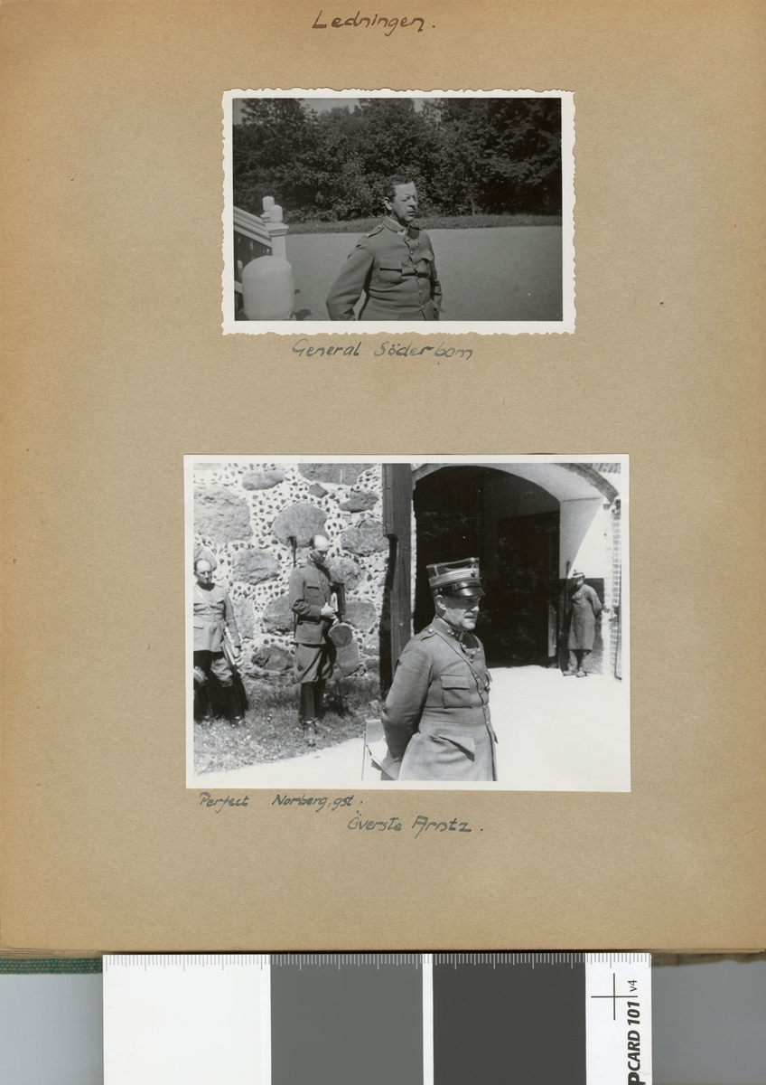 Text i fotoalbum: "1936 juni. Intendentur-fältövningen i Röstånga. Trolleholm. Ledningen; General Söderbom".