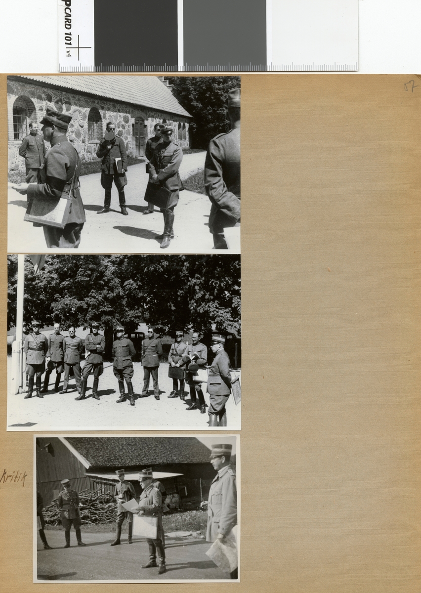 Text i fotoalbum: "1936 juni. Intendentur-fältövningen i Röstånga.  Genomgång av övningen. Kritik".