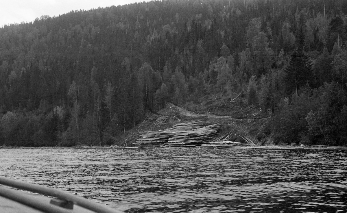 Tømmervelter ved Monsstuvika i Storsjøen i Rendalen.  Fotografiet er tatt fra en båt, antakelig D/S Storsjø.  Noe av rekka på båten er synlig nederst i venstre bildekant.  Inne på stranda ligger tre tømmervelter, to høye og en lav.  De ligger i en bratt elveskråning hvor det er veltet inntil en del ifloret tømmer i bakkant.  Tømmmervegen ned til velta ses i overkant av tømmeret.  Med inntak av området nærmest tømmervelta preges landskapet av litt glissen barskog med en del innblandete lauvtrær.