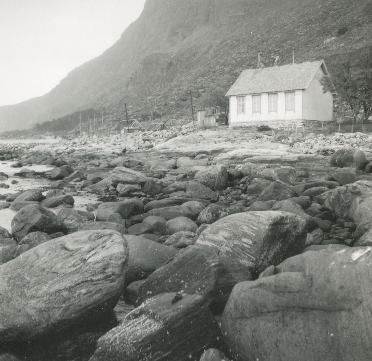 Motiv av et stuehus mellom fjæra og fjellet på Alnes. Dette er Alnes bedehus før det ble flyttet og ombygd i 1964. Bedehuset vart bygd tidlig på 1900 talet.