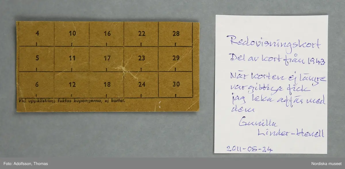 a) Plånbok av papp med spiralrygg av metall, för förvaring av ransoneringskort. I plånboken ligger b:1-51) 51 kort eller delar av ransoneringkort, c:1-7) 7 mindre fragment/rutor av ransoneringskort samt d:1-2) personkort och e) bilaga till personkort.
Givaren har bifogat f:1-9) kortare beskrivning av de respektive korten. Beskrivningarna förvaras i plånboken.
/Cecilia Hammarsten-Larsson 2019