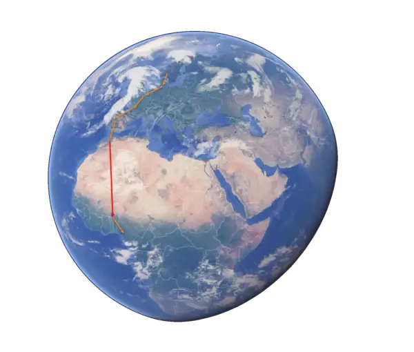 Kartutsnitt av jordkloden i Google Maps med en fugletrekkrute illustrert på kloden