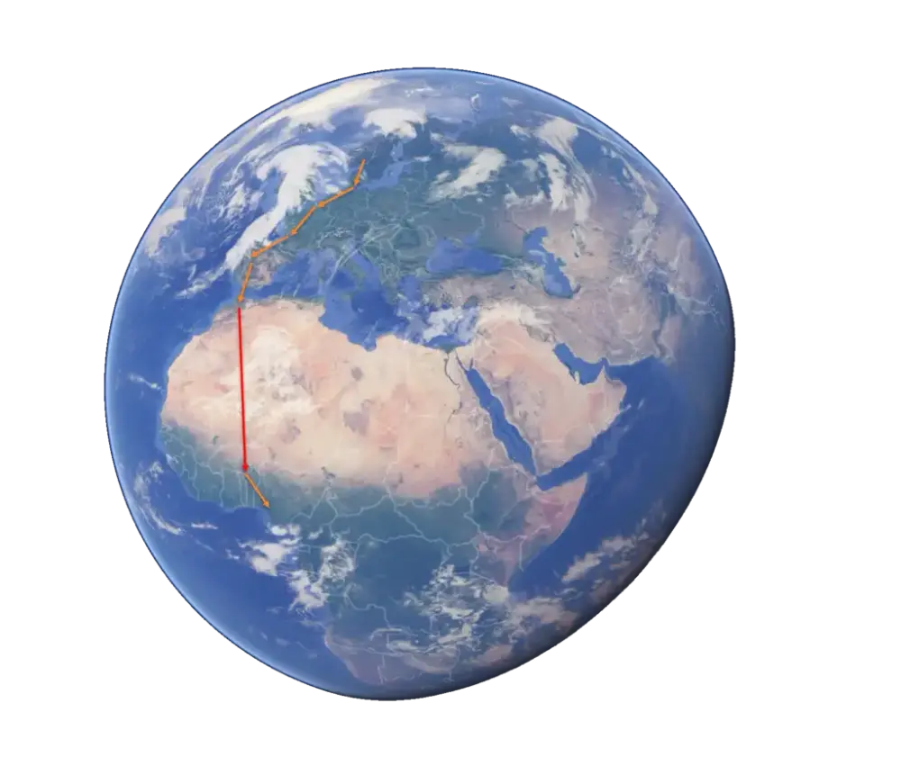 Kartutsnitt av jordkloden i Google Maps med en fugletrekkrute illustrert på kloden