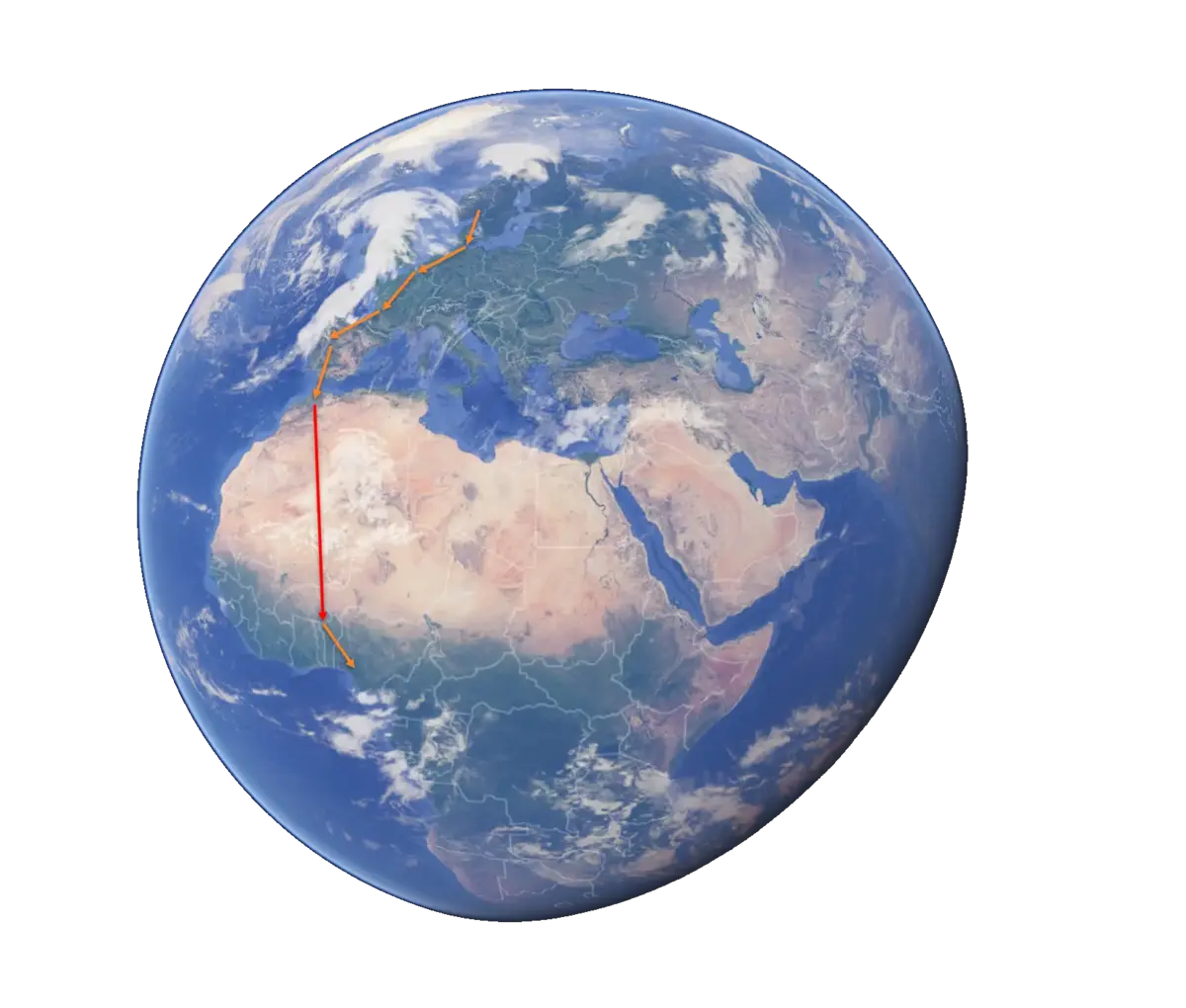 Kartutsnitt av jordkloden i Google Maps med en fugletrekkrute illustrert på kloden