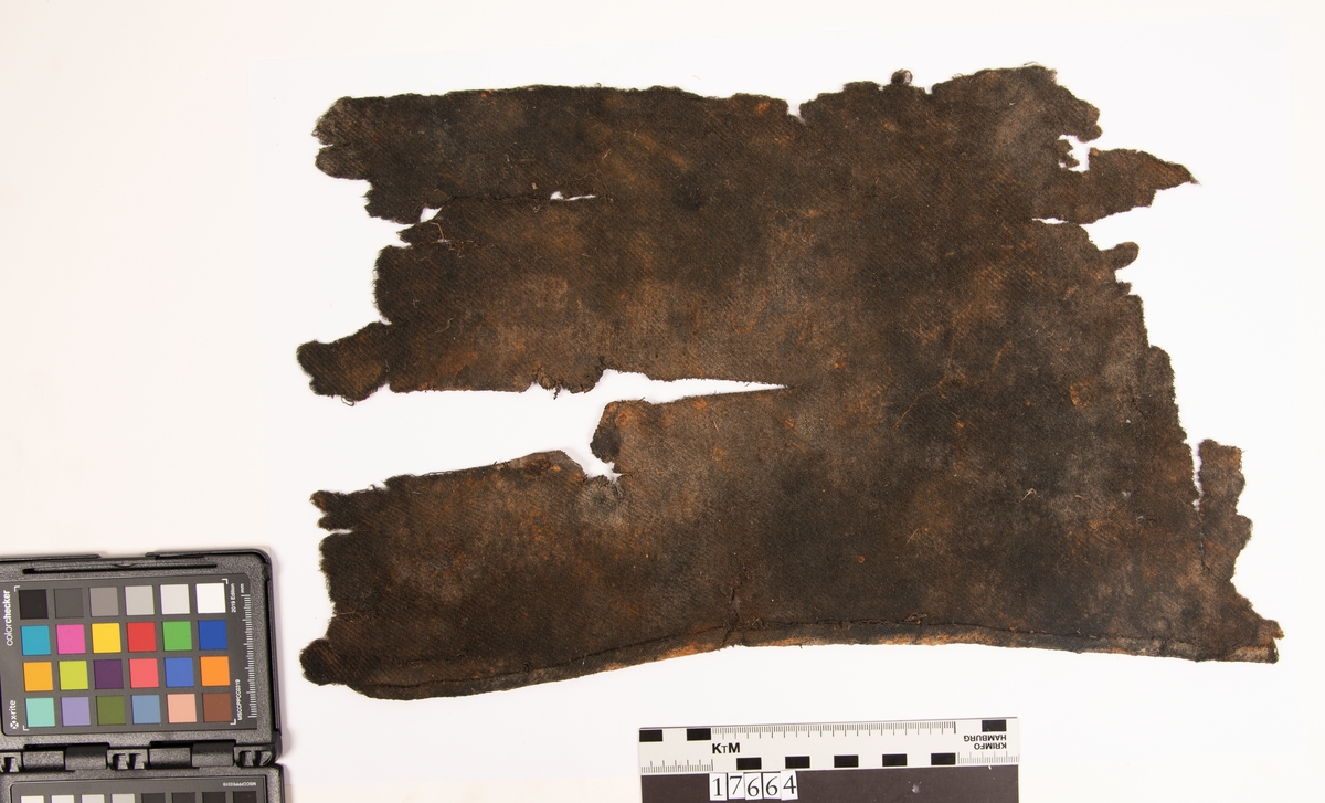 Fyndnummer 17664 innehåller 3 fragment av samma tyg. Fragmenten är tillverkade i en dubbelväv av ull och är idag brun med en stor mängd rostfläckar på. Väven är mycket tät och jämn och liknar inte några andra textilier från Vasa. Två av fragmenten har sömrester som visar att det är sytt med symaskin. Tygets karaktäristik pekar på att det förmodligen är maskinvävt. Symaskinen patenterades och började användas under 1800-talets mitt. Det är därför inte möjligt att det här tyget är från år 1628 då Vasa sjönk utan i själva verket är det mycket yngre. 

För mer detaljerad information från textildokumentationen (år 2022) se länkade filer.